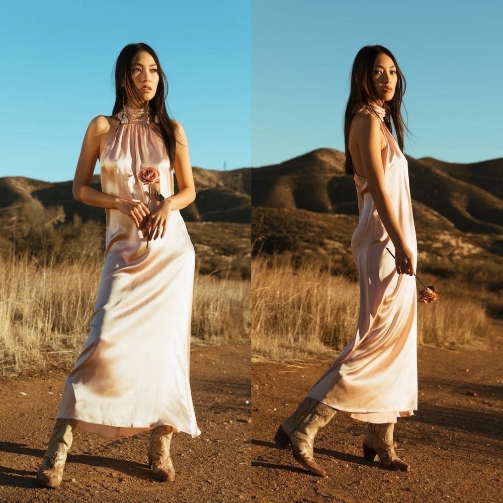 Stone Cold Fox Renee Halter Neck Open Back Silk Gown Rose